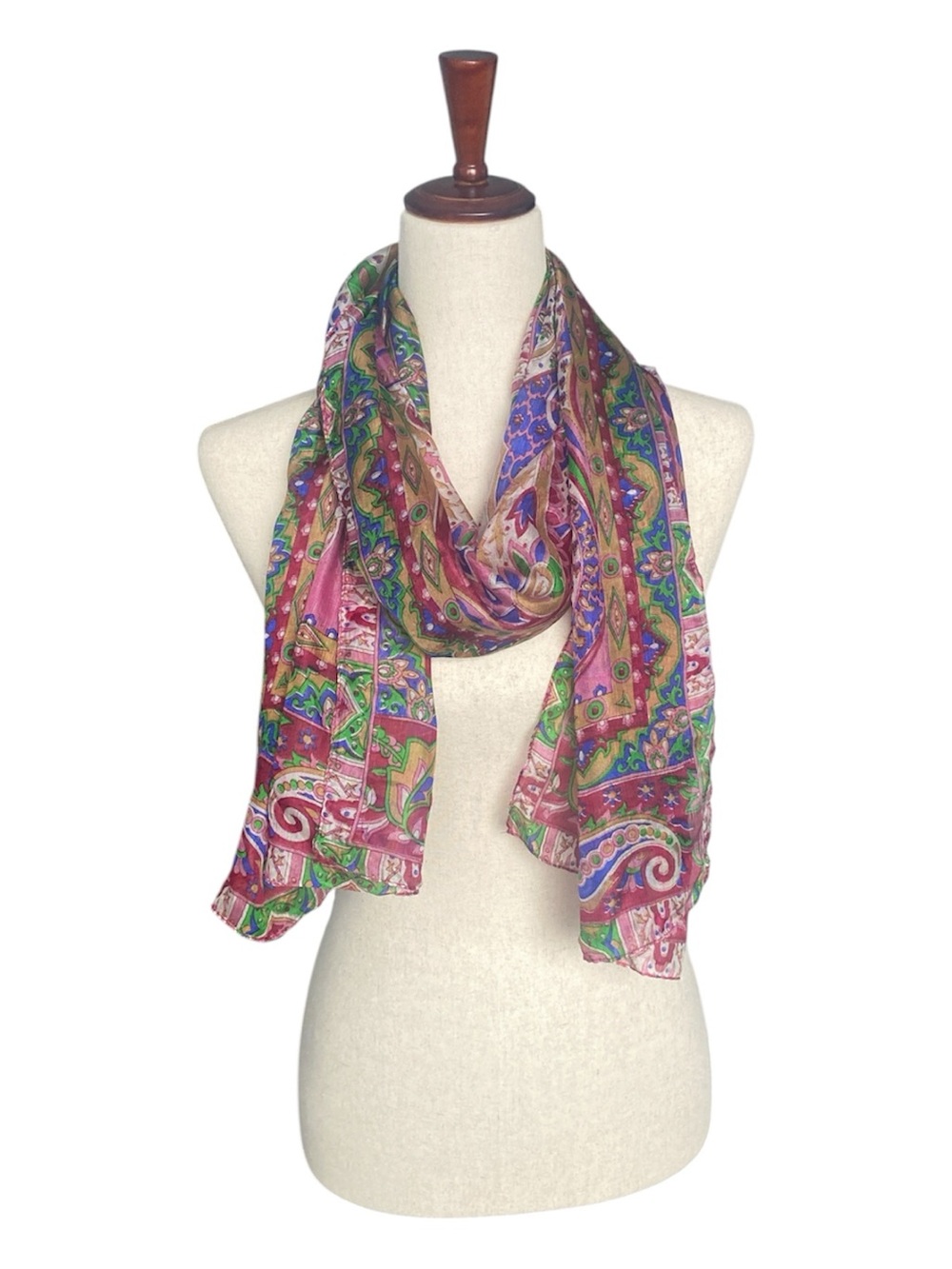 Gorgeous 100% Silk Paisley Print Scarf in Pink and Green 68x20 Like New